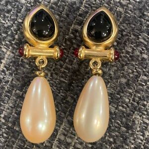 Yellow gold tone, metal and pear shaped faux, pearl dangle clip earrings vintage